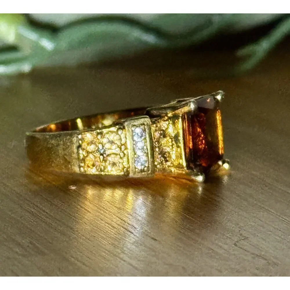 Vintage 18K GF Brown Crystal Rhinestone Cocktail Ring Size 9.25